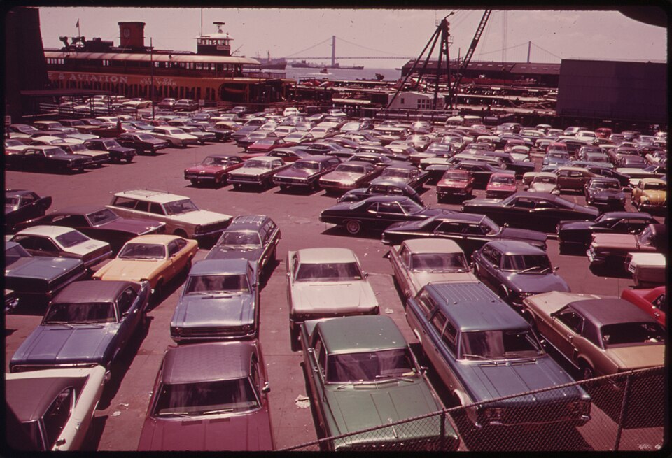 Parking area at St. George ferry dock, May 1973. Public archival context.